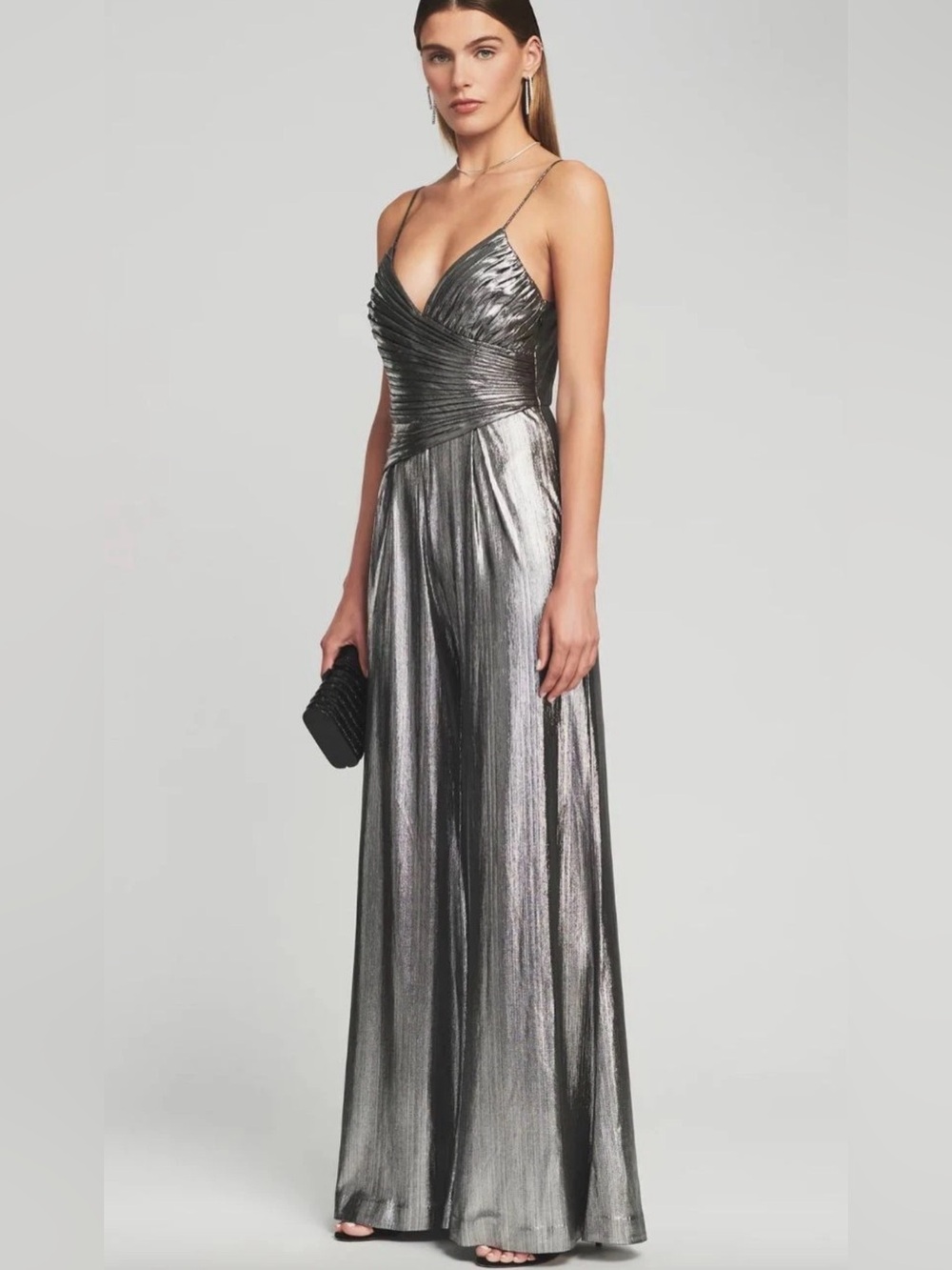 Retrofete Everly Metallic Silver Gunmetal Flare Wide Leg Jumpsuit Size Large
